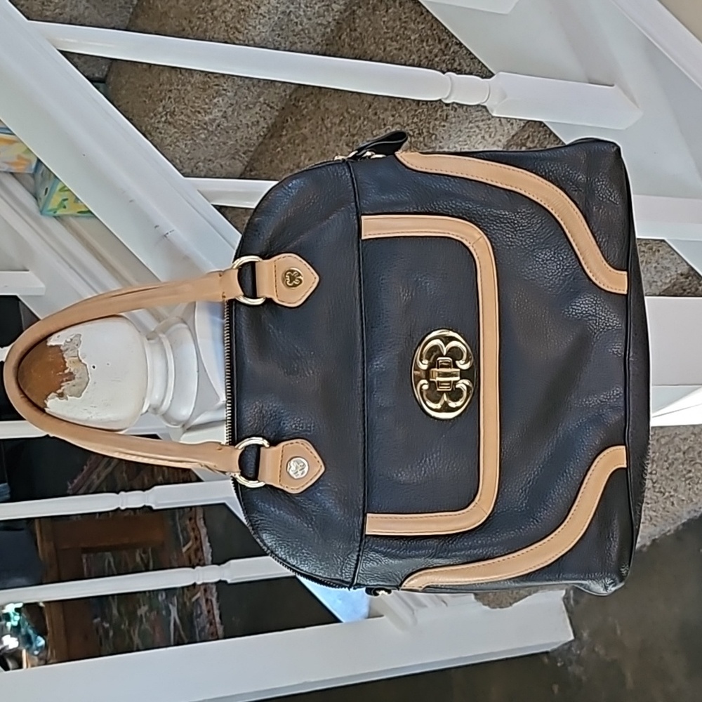 Gorgeous EMMA FOX black leather tote satchel bag purse floral lining no strap